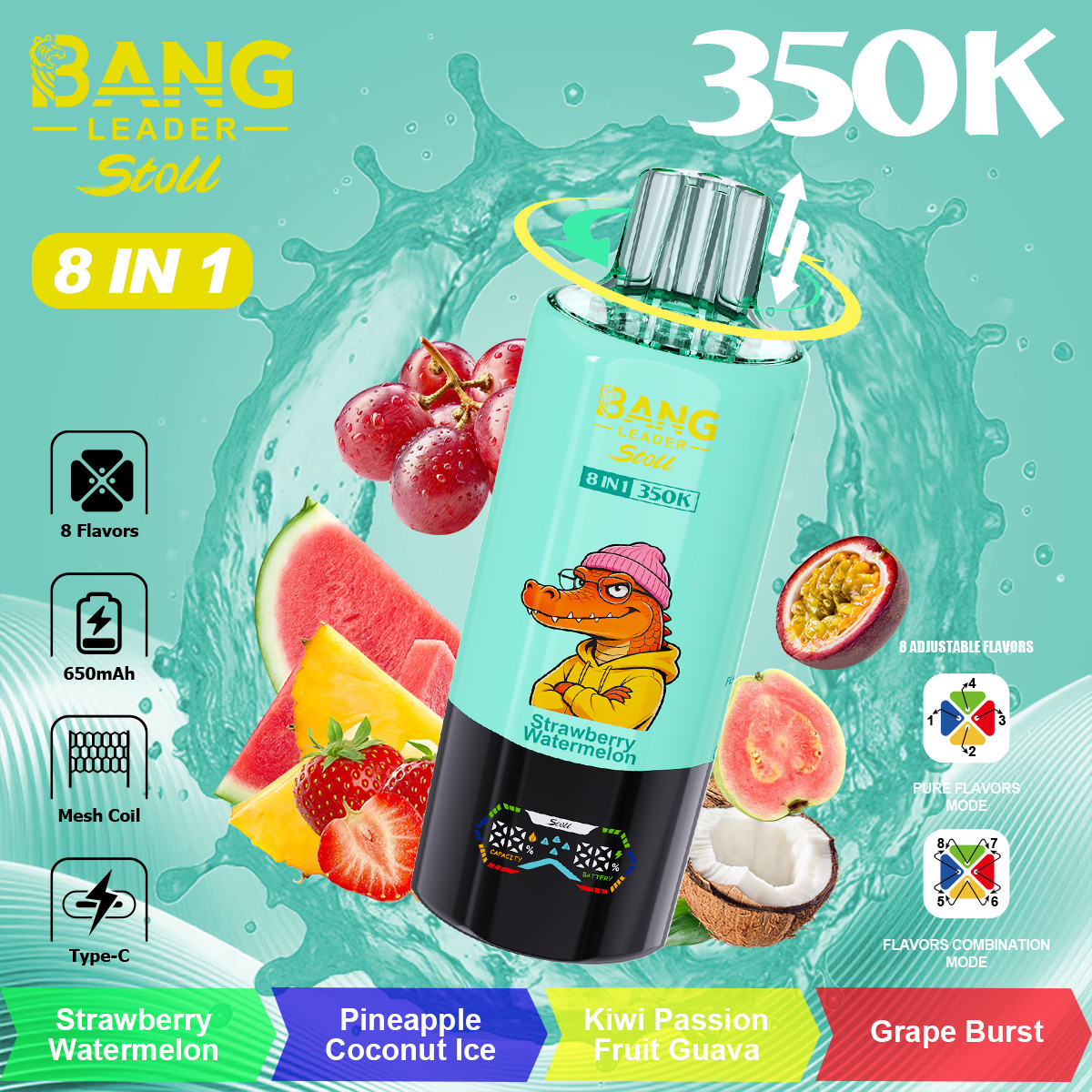 Bright turquoise background featuring a tilted Bang energy drink can with a yellow ring around the cap, surrounded by slices of strawberry, watermelon, pineapple, kiwi, passion fruit, and coconut. Includes bold white "350K" in the top right and colorful product labels on the can, plus icons on the left and a multicolored flavor strip at the bottom.