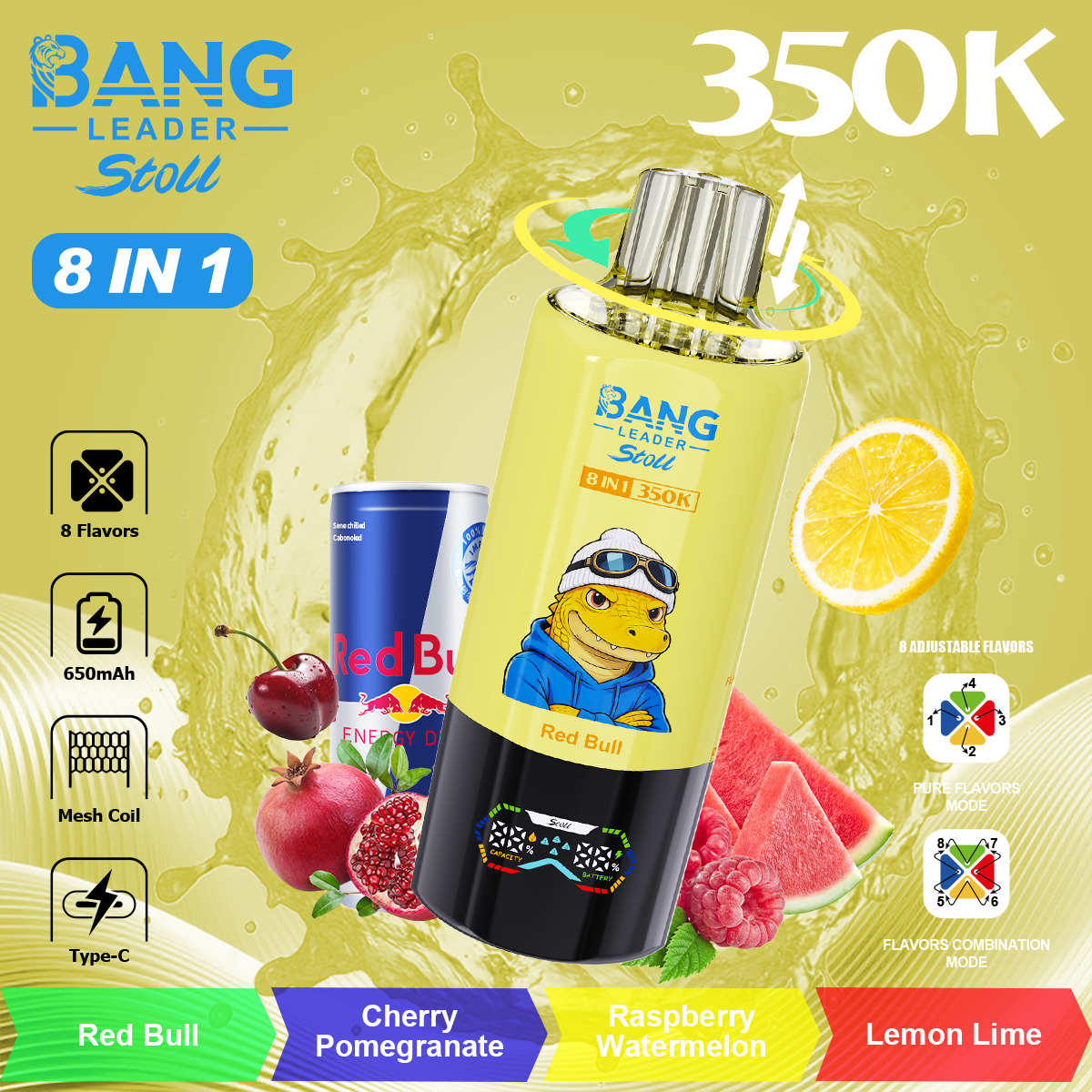 Bang Leader Stoll 8 in 1 vape device with a yellow cartridge featuring Red Bull and a cartoon bull, surrounded by fruits (cherries, pomegranate, watermelon, lemon) and a Red Bull can, set against a yellow splash background with 350K text.