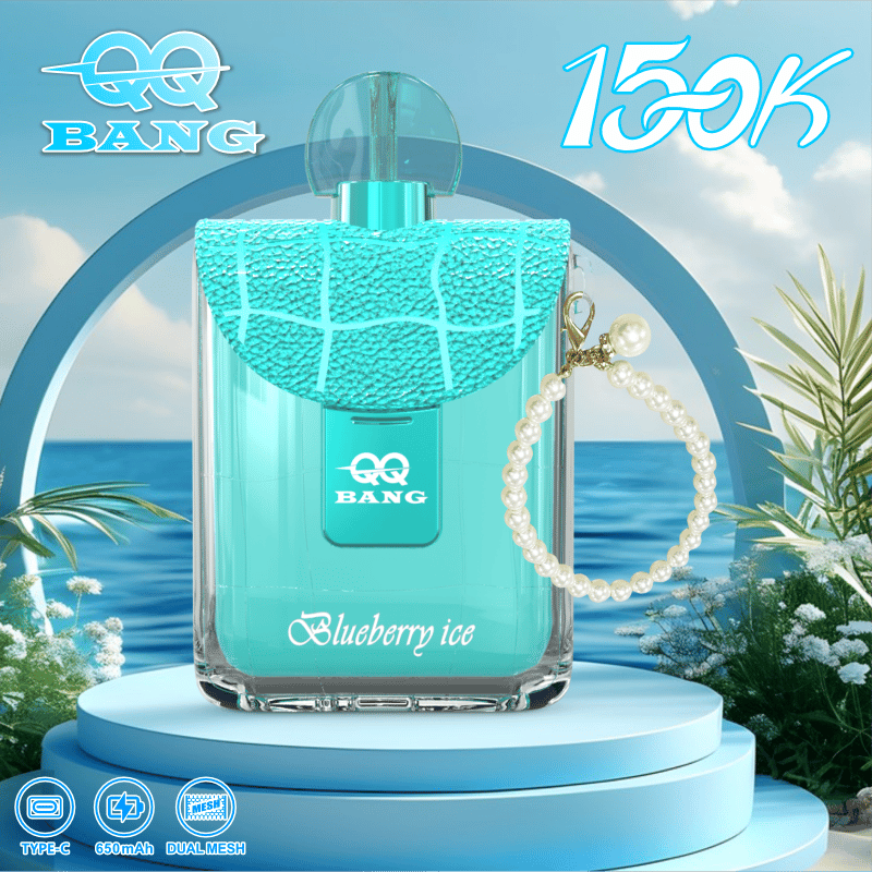 Aqua-blue QQ BANG “Blueberry Ice” perfume bottle with a pearl bracelet on a pedestal by the ocean, 156k text