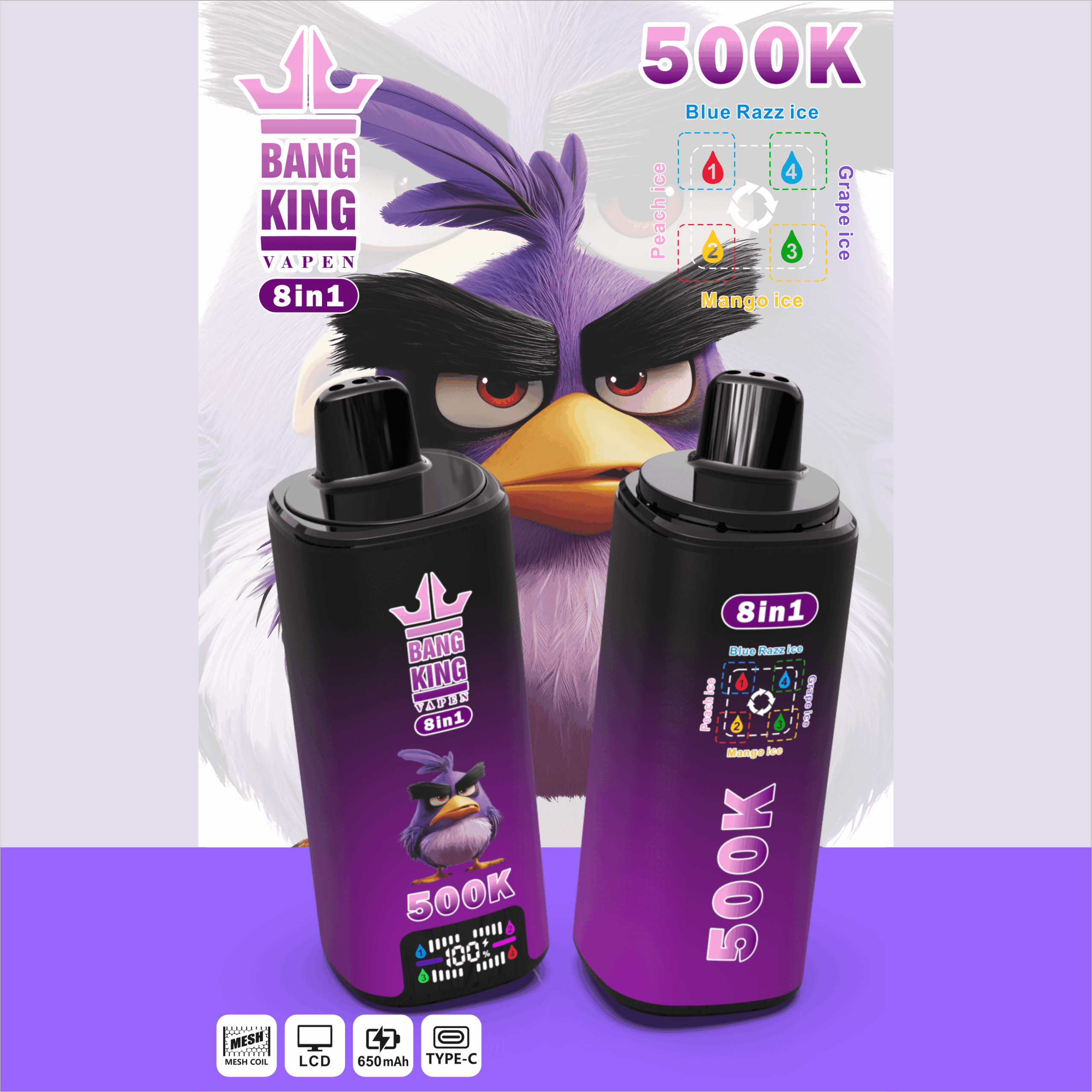 Two purple Bang King vape devices with a stylized purple bird and flavor chart, 500K 8in1 Blue Razz Ice