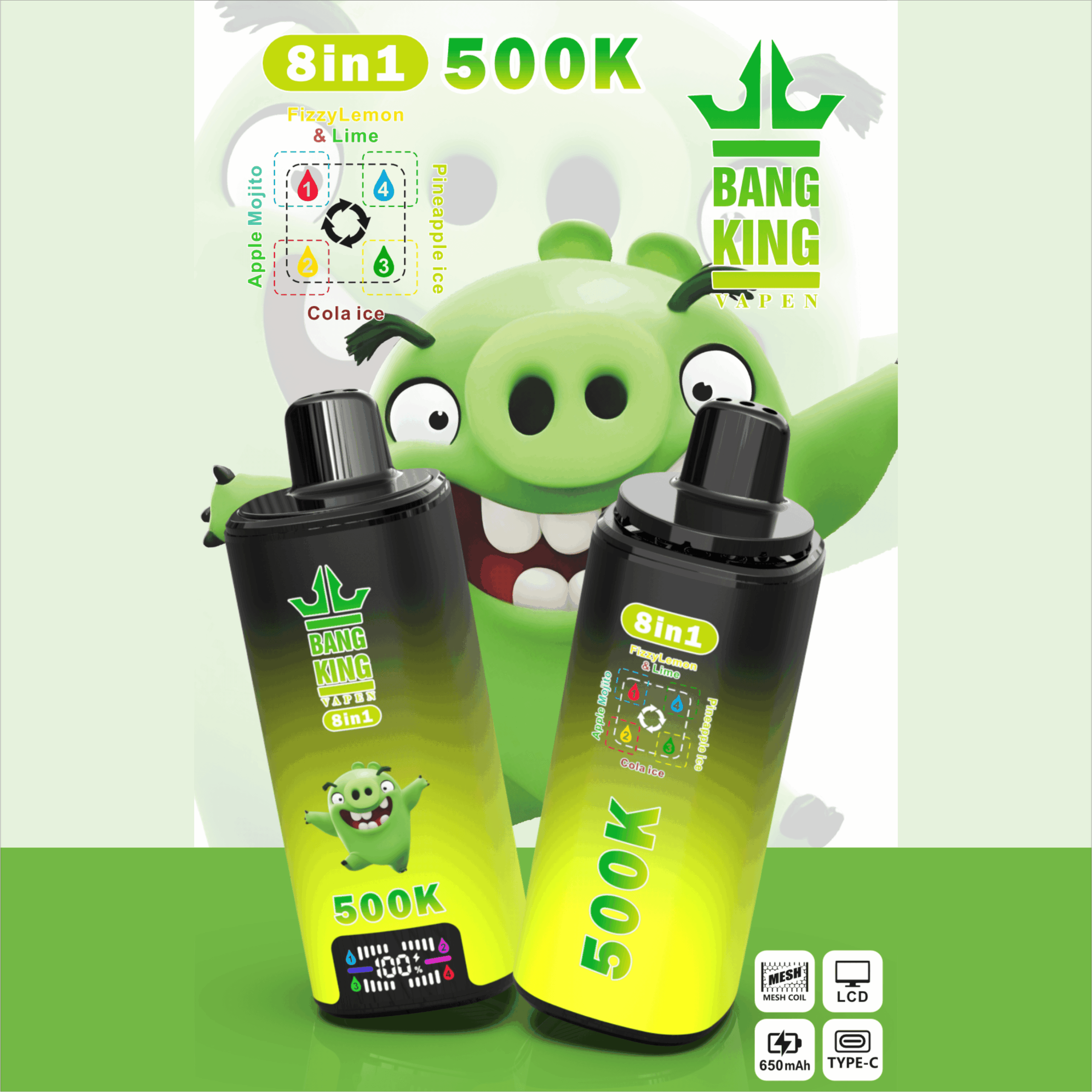 Illustration of two green “Bang King” 8-in-1 500K vape bottles with a smiling cartoon fruit mascot