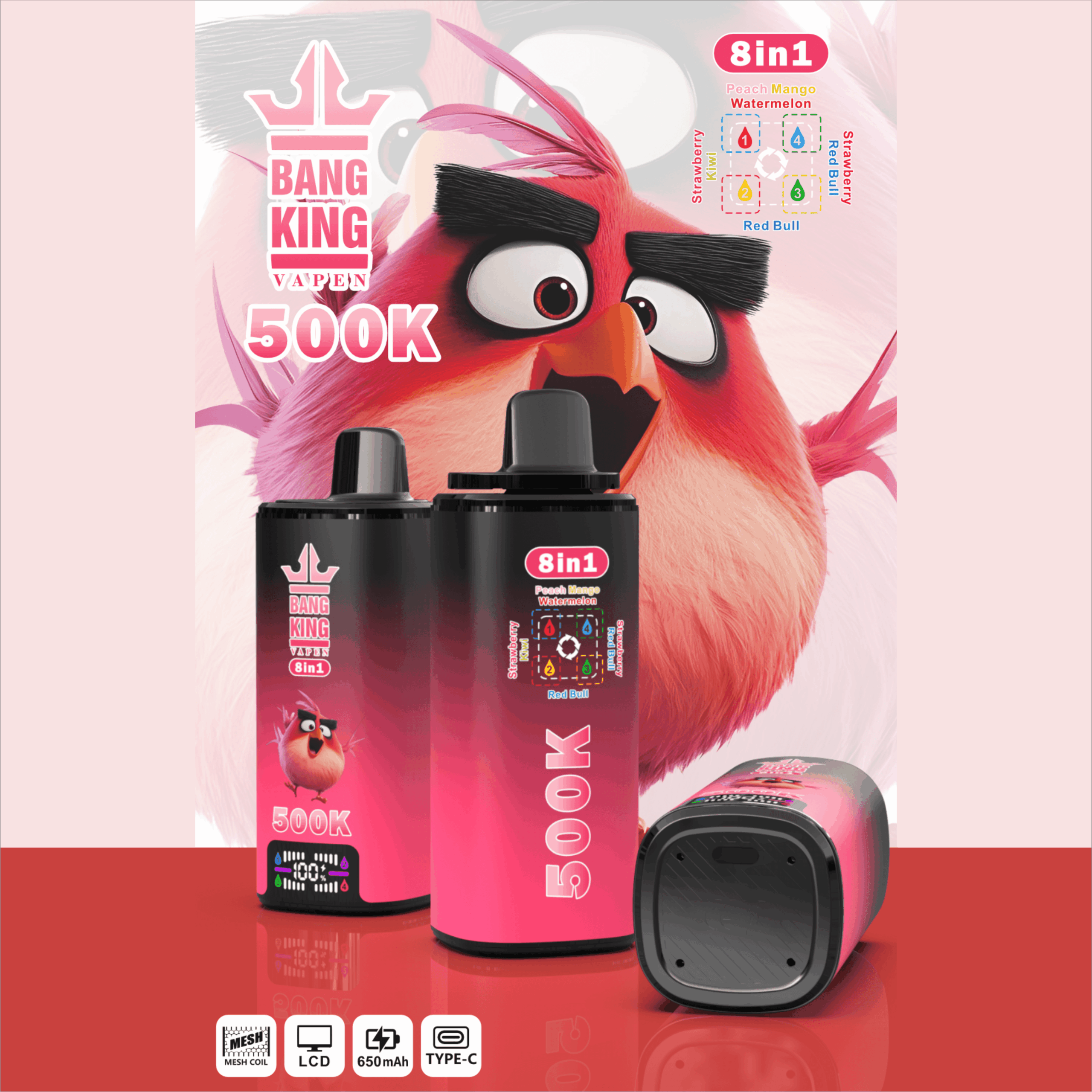 Colorful “Bang King” vape product box with a cartoon red bird and “8in1” peach mango watermelon flavor text