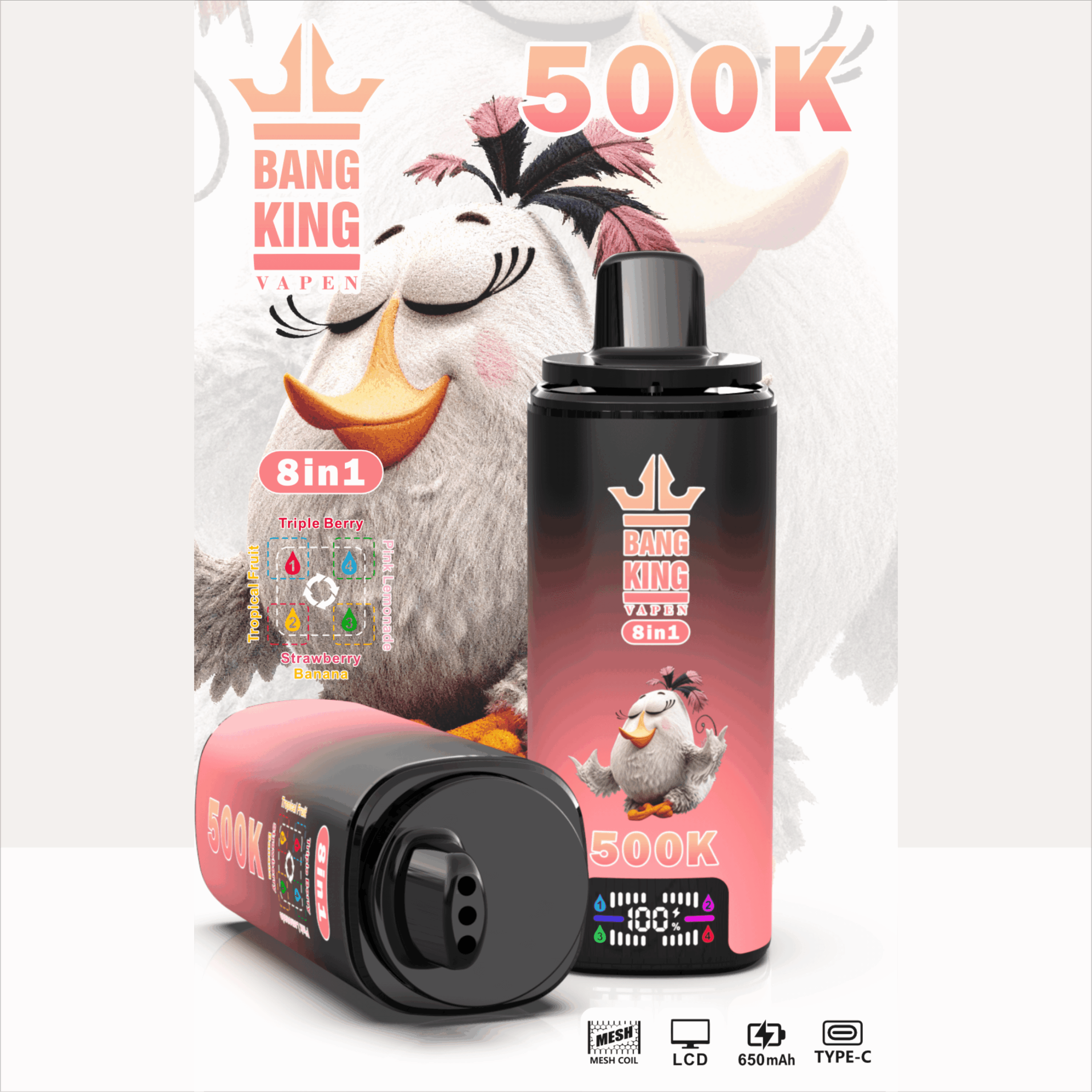 Bang King Vapen 8in1 e-cig product graphic with 500K, featuring a smiling bird character and flavor icons