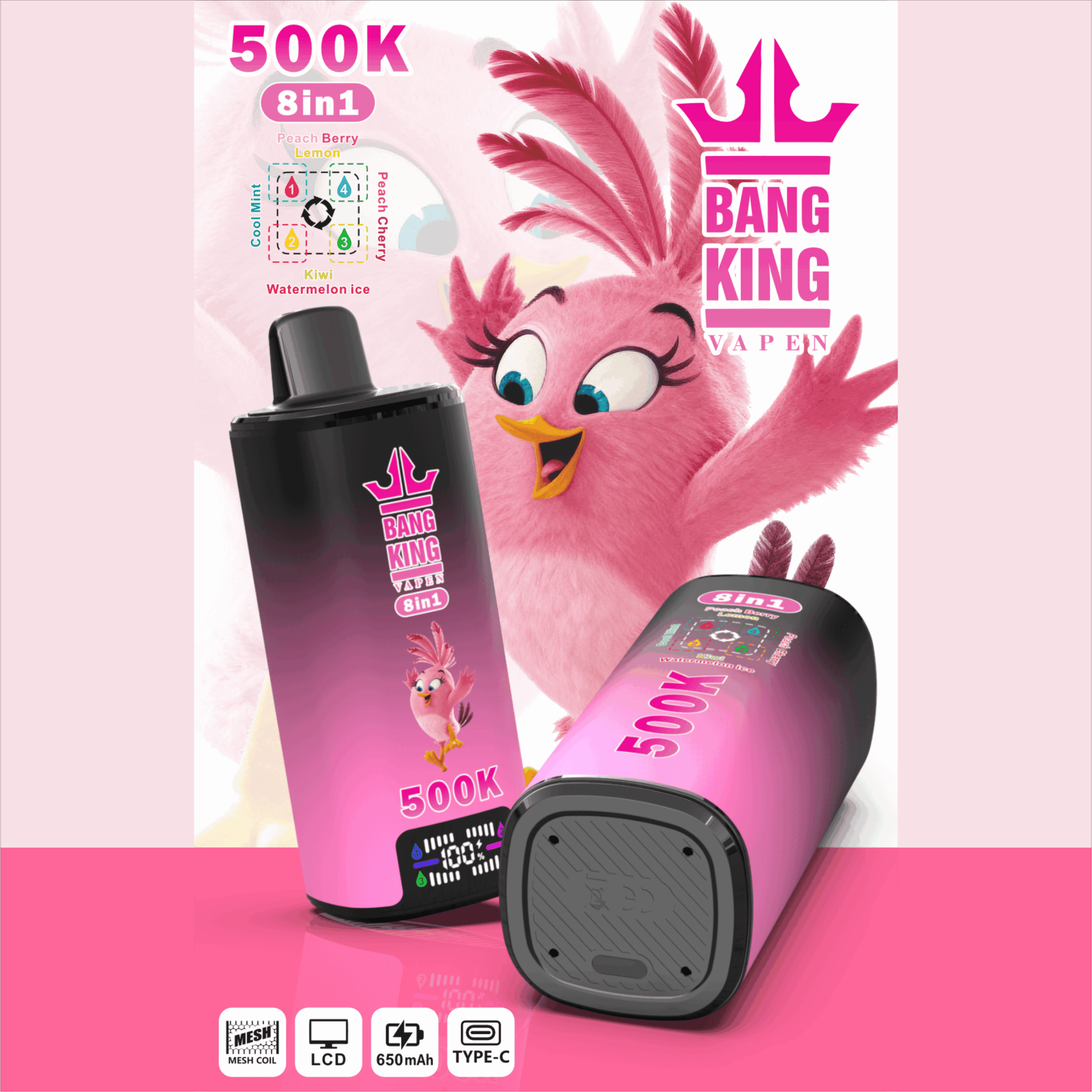Pink bird mascot and Bang King vape device with flavor labels and “500K 8in1” text on a promotional poster