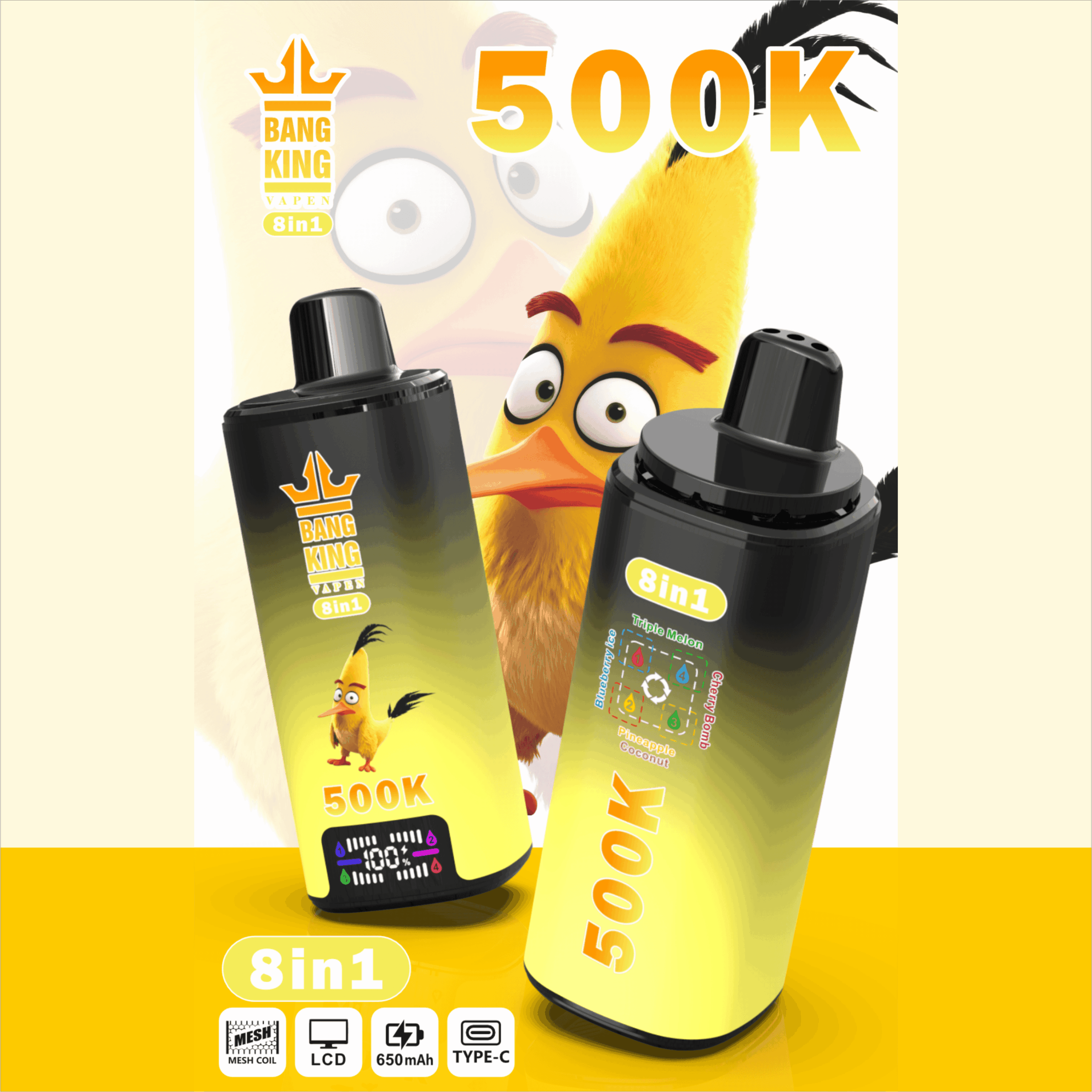 Cartoon duck holding two black vaping devices with “Bang King” branding and “8 in 1” text on packaging