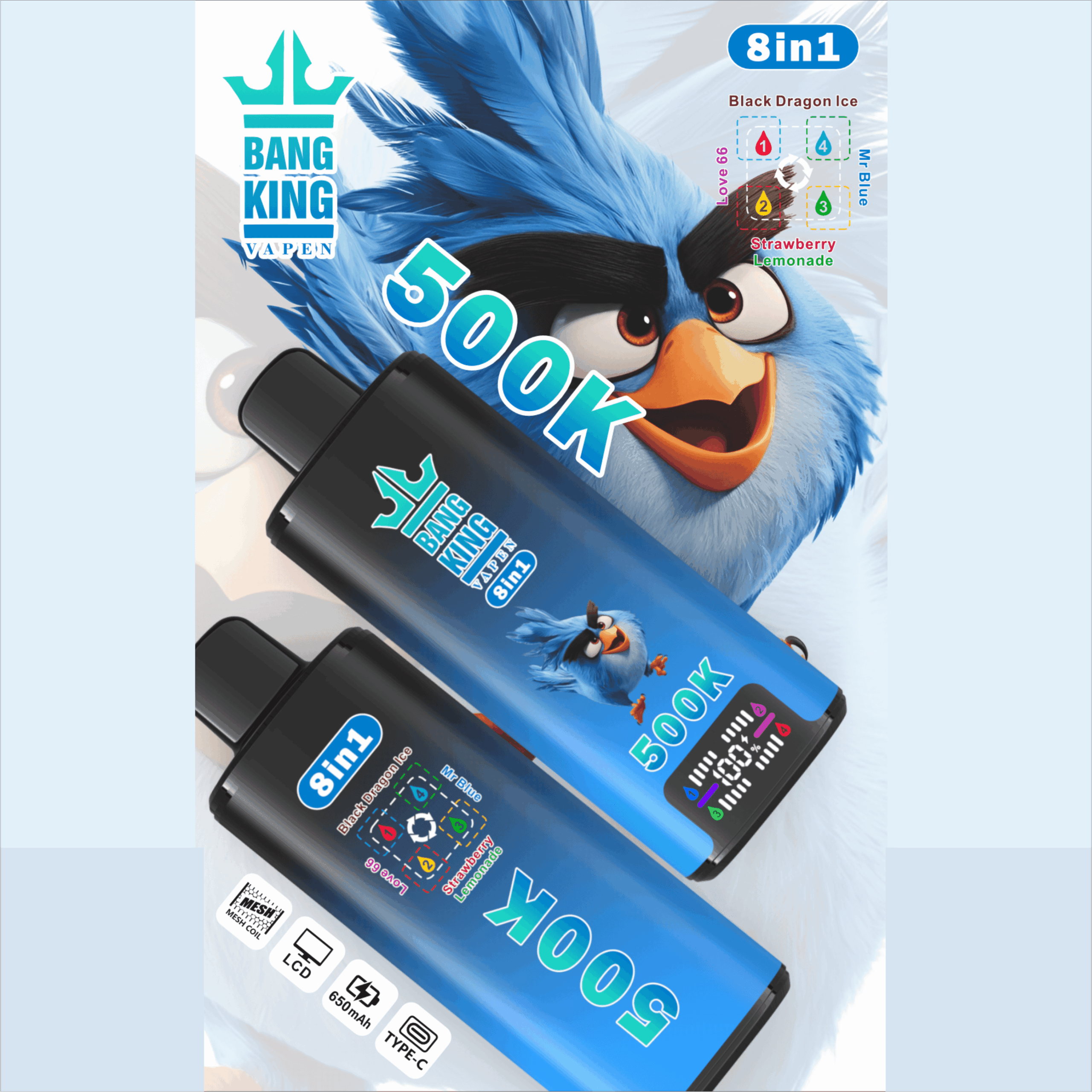 Blue bird mascot artwork on an 8-in-1 vape device packaging with “BANG KING VAPEN” text and flavor icons