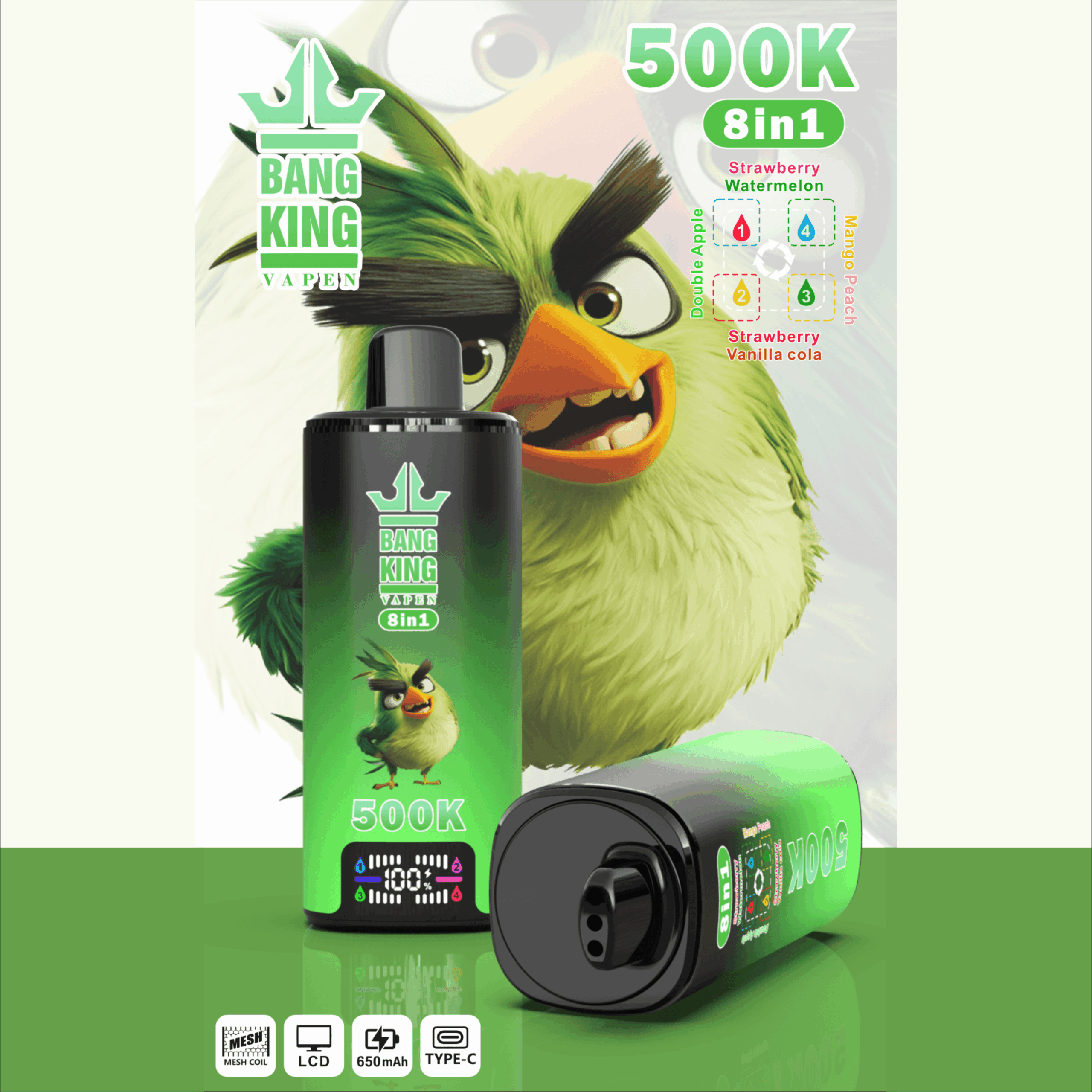 Green vape device packaging with cartoon bird and text “500K 8 in 1” flavor options Strawberry and Watermelon
