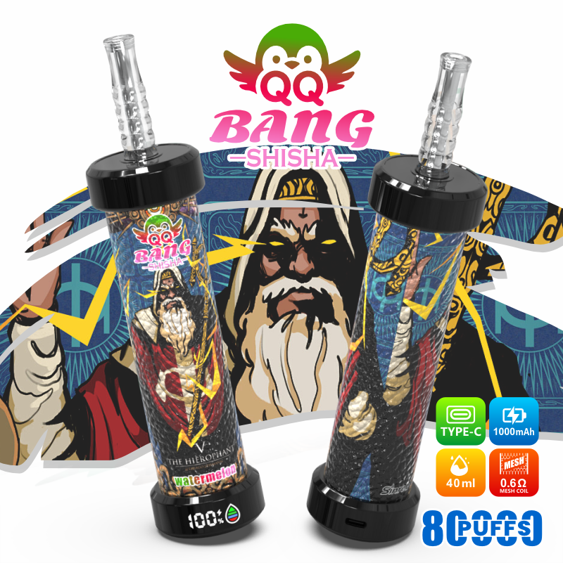 Two QQ Bang Bang Shisha vape pipes with glass mouthpieces and “8 PUFFS” battery-style icons on a colorful banner