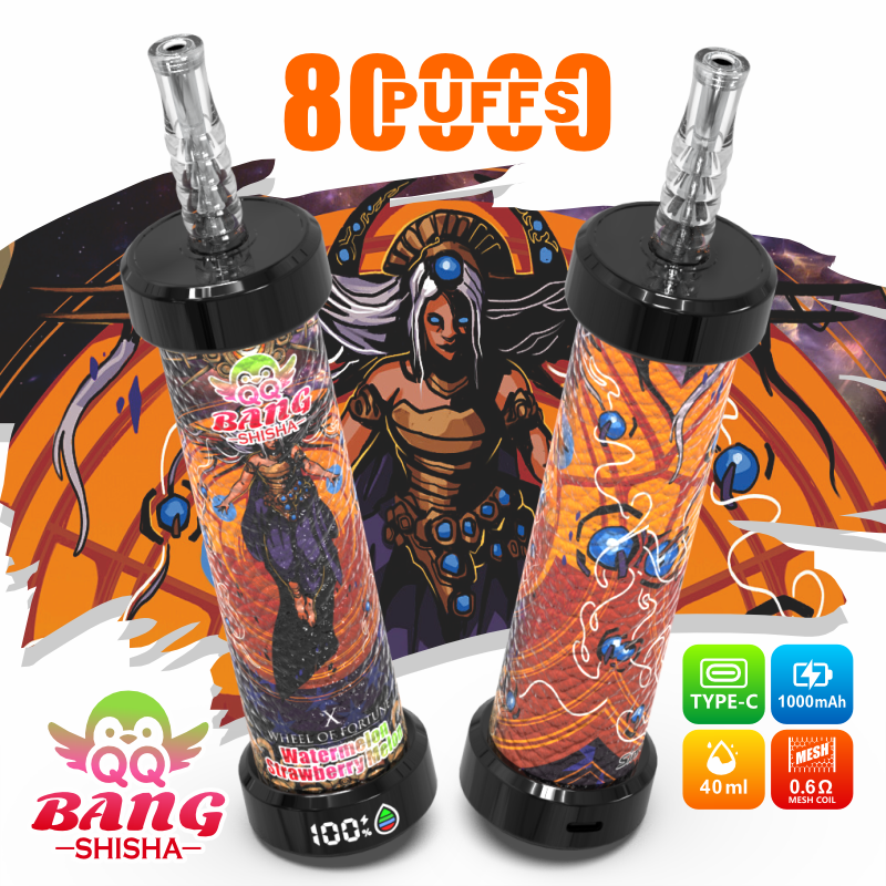 Two vape devices with black bases showing orange artwork, labeled 8 Puffs, Watermelon Strawberry flavor, Type-C 1000mAh