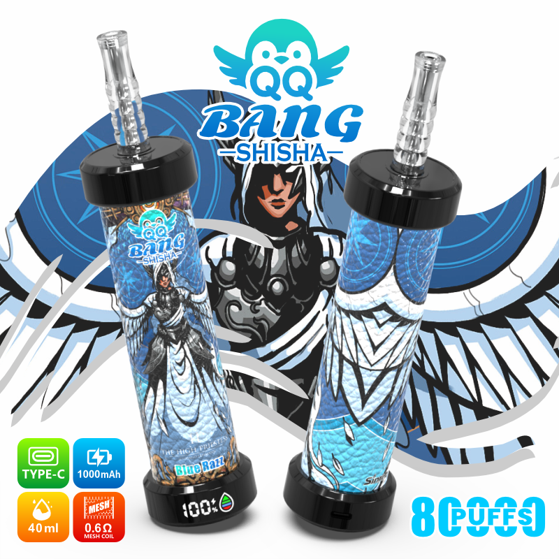 Two blue shisha vape bottles with “QQ BAZZ SHISHA” graphic, angel wings design, and “8 puffs” label