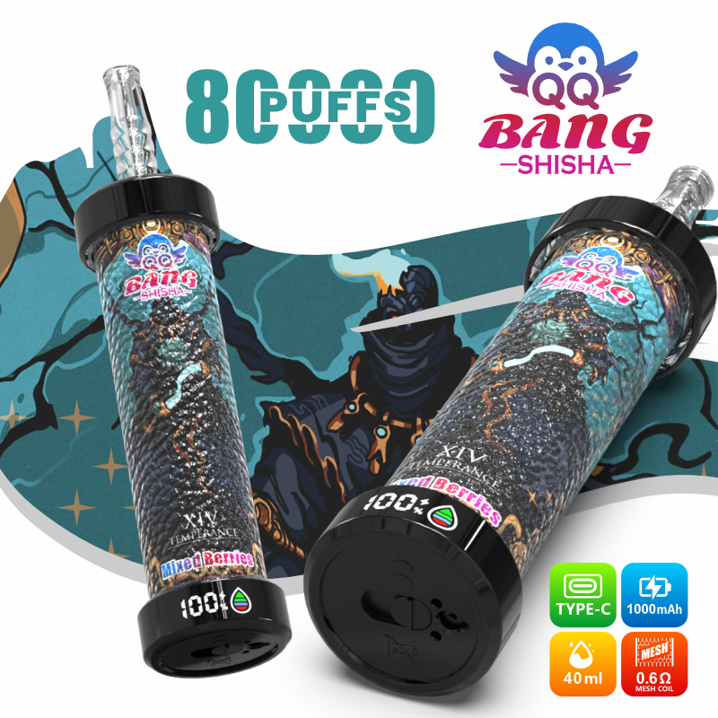 Two shisha bottles with “8 PUFFS” and “QQ Bang Shisha” branding on a colorful background with charging icons
