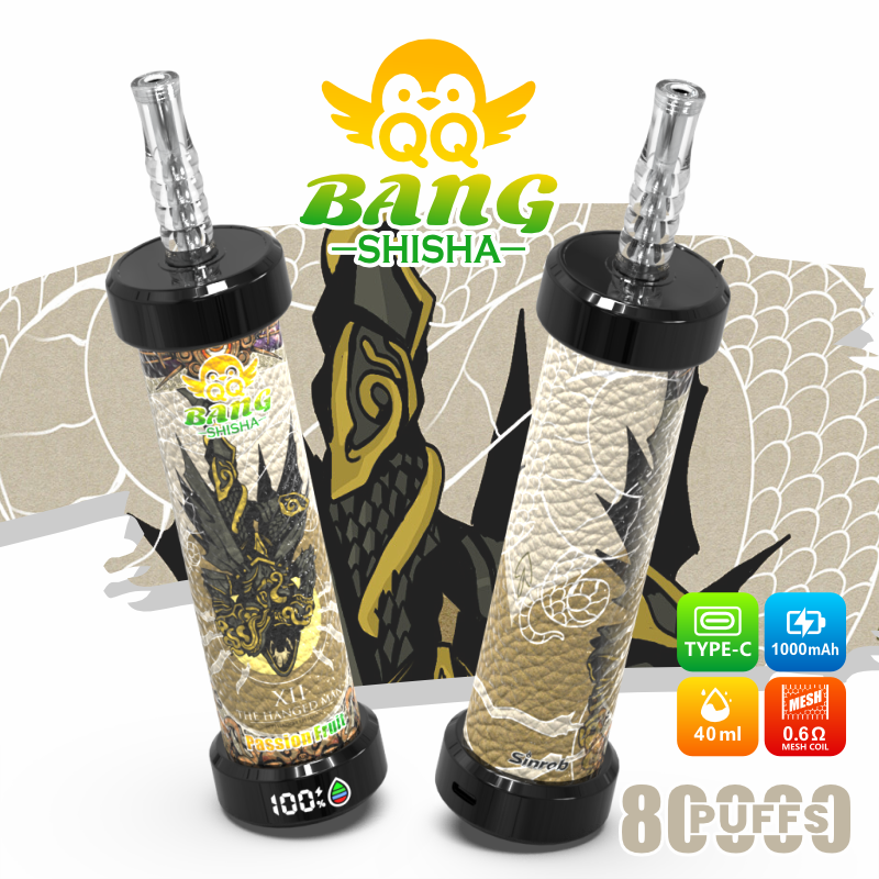 Two Bang Shisha vape devices with clear glass tubes, branded graphics, and charging icons on a white background