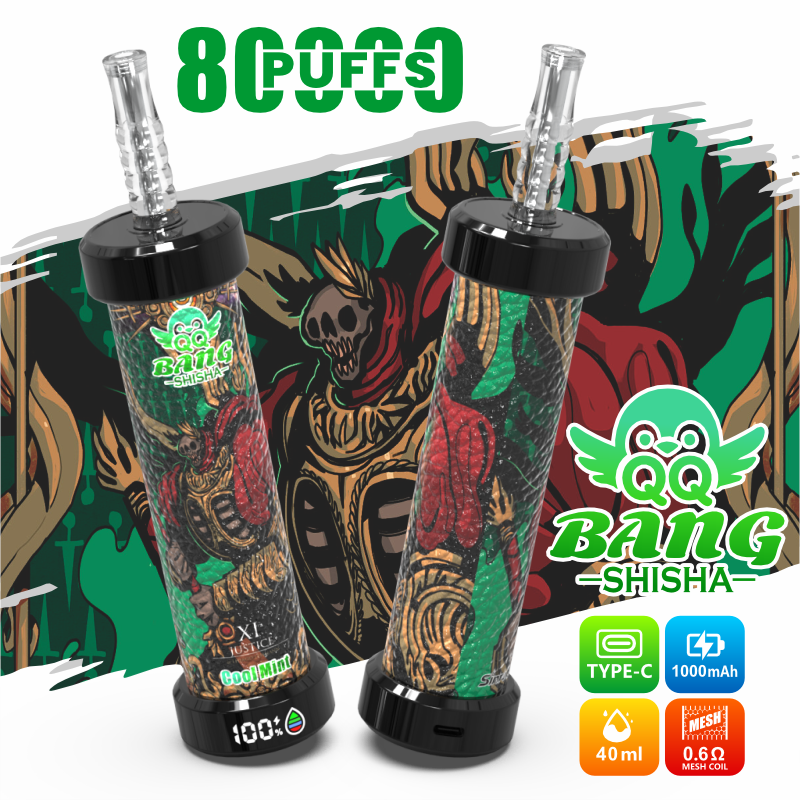 Two colorful shisha vape devices with glass mouthpieces and “BANG SHISHA” branding on a graffiti-style background