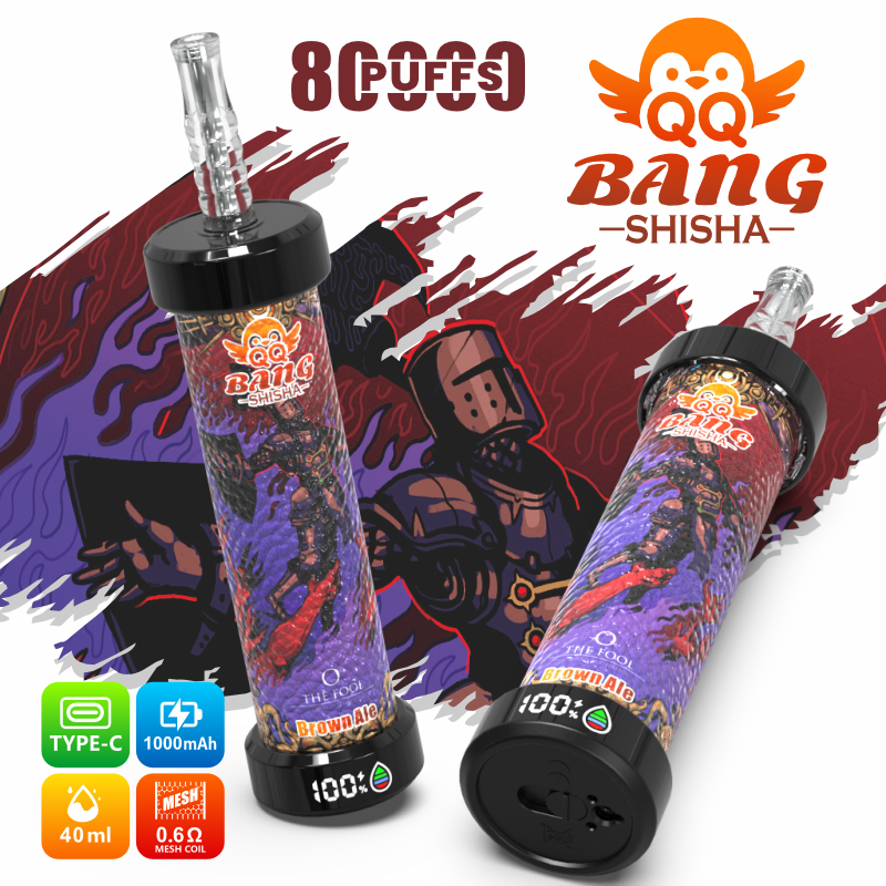 Two Brownalie shisha vape bottles with 800 Puffs “Bang Shisha” branding and colorful illustrated background graphics