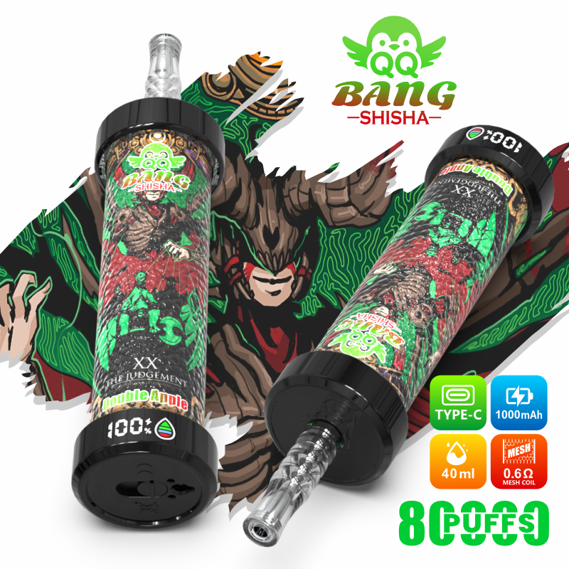 Promotional vape shisha device bottles with green “8 Puffs” and “Bang Shisha” branding on a white background