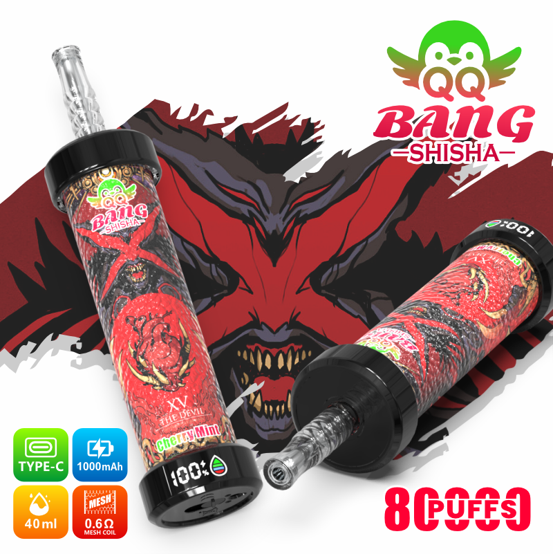 Two red “QQ BANG SHISHA” vaping bottles with black caps and dragon skull graphic background, 8 puffs text