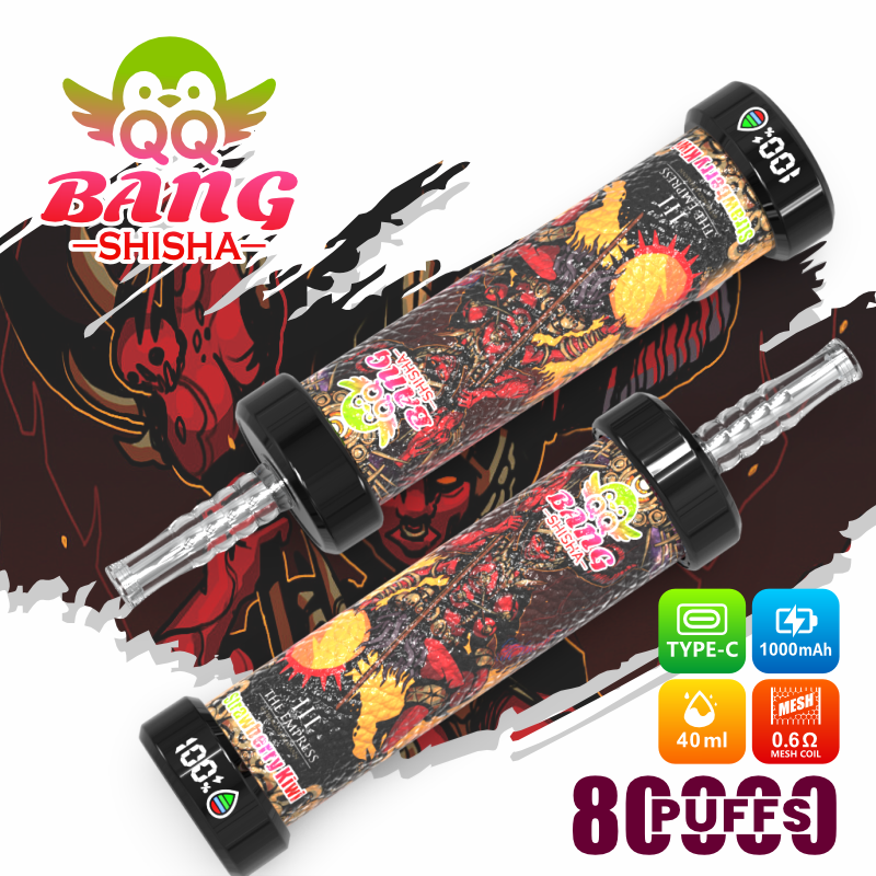 Two Bang Shisha branded disposable vape devices with glowing graphics, displayed on a colorful background