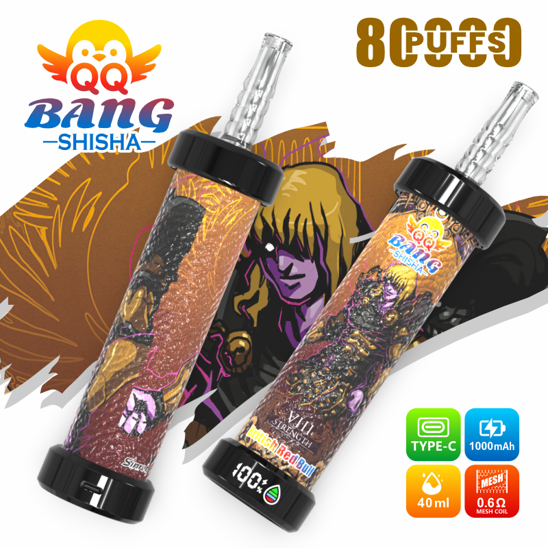 Two Bang Shisha 8-Puffs vape devices with colorful illustrated labels and “8 PUFFS” text, plus Type-C 1000mAh specs