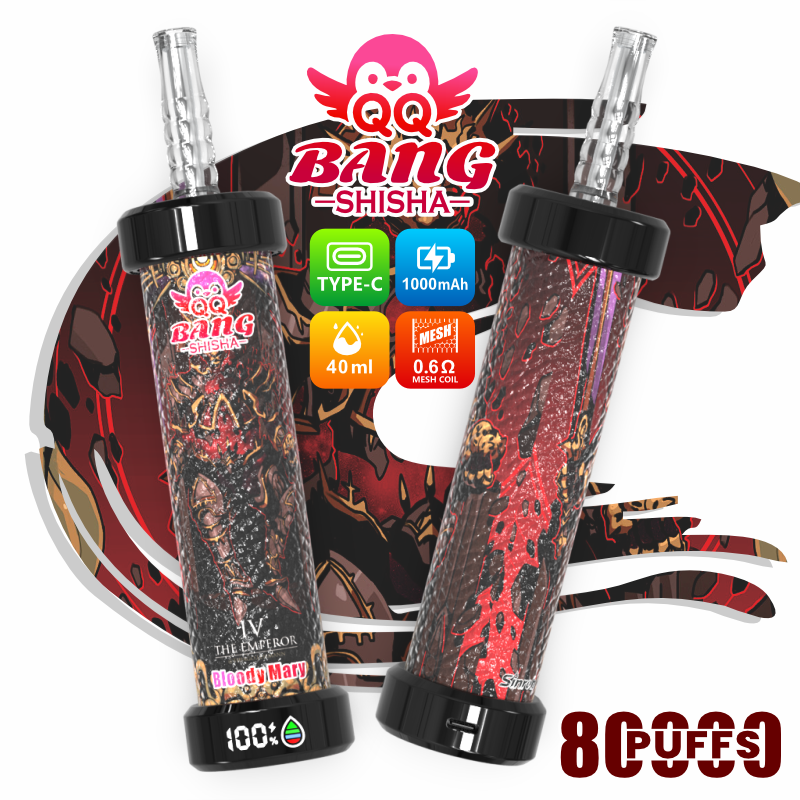 Bang Shisha vape device set with two bottles, “8 puffs” label, and specs (Type-C, 1000 mAh, 0.6 ohm, 40 ml)
