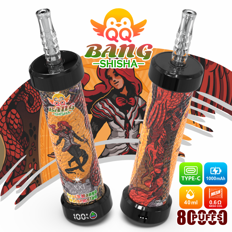 Two tall hookah shisha bottles with glowing logo and flavor graphic reading “BANG SHISHA” and “88 PUFFS”