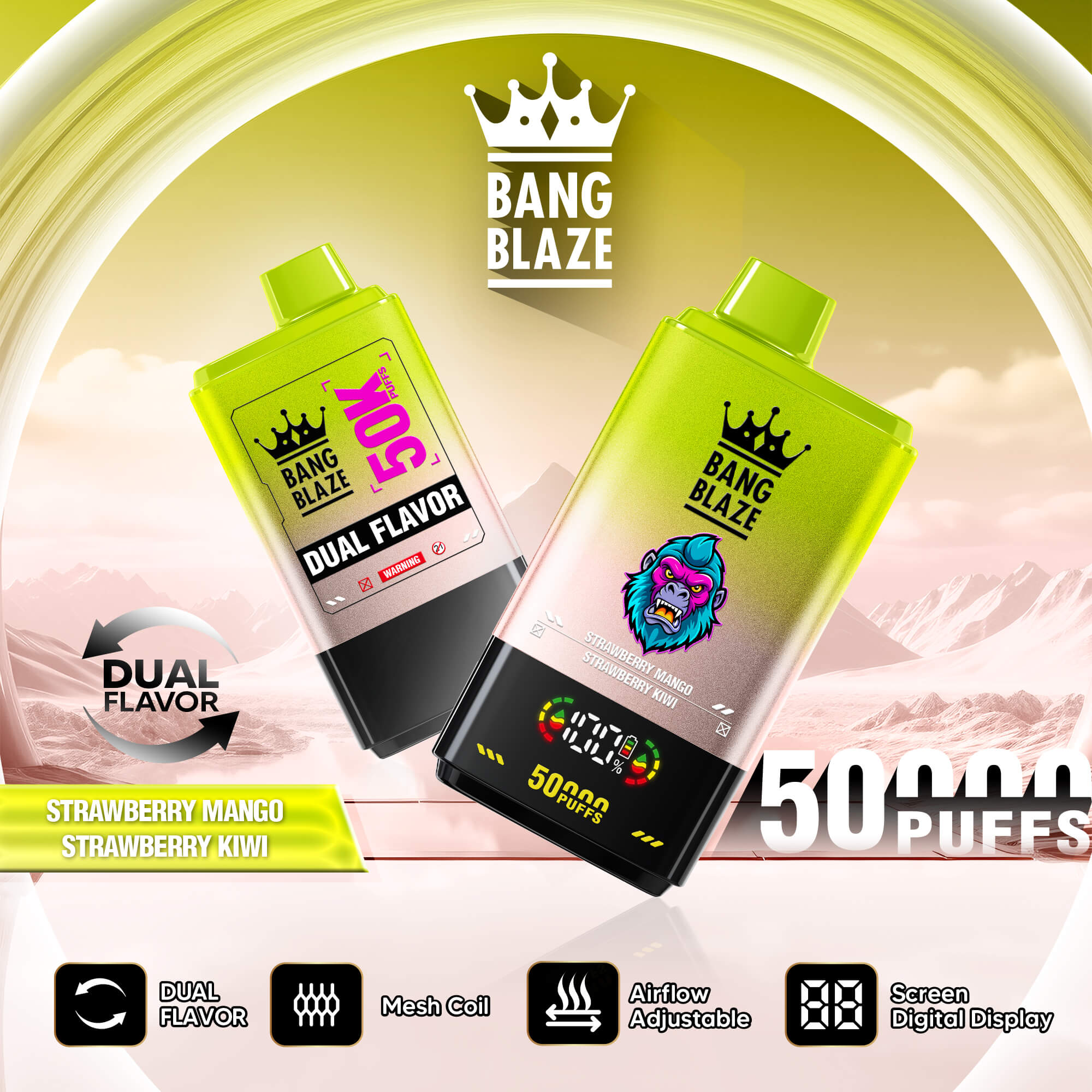 Two green vaping devices with crown logo and “BANG BLAZE” text, labeled Dual Flavor and “50 PUFFS” in a desert scene