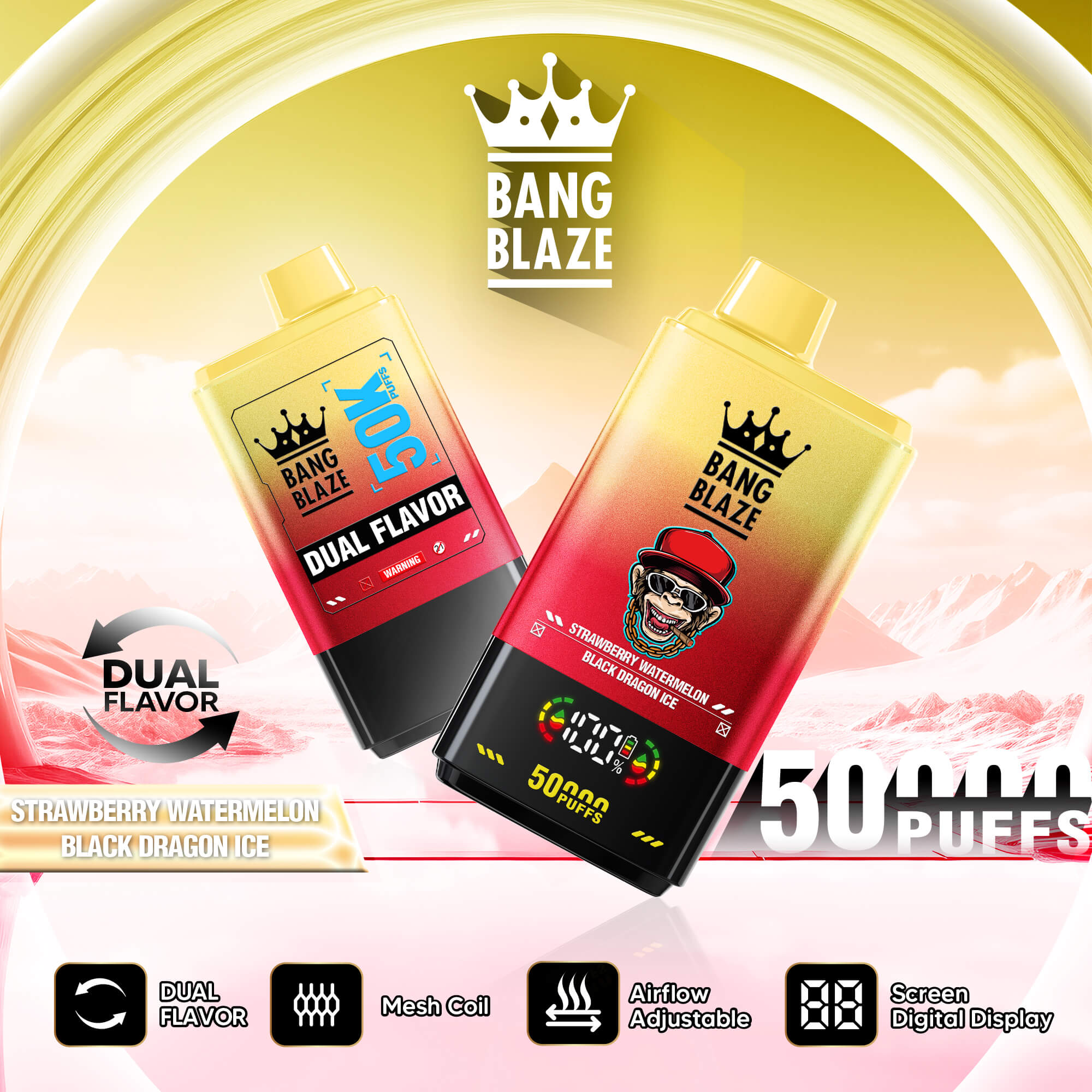 Promotional image for Bang Blaze dual flavor vape, with strawberry watermelon and black dragon ice bottles and “300 puffs” text
