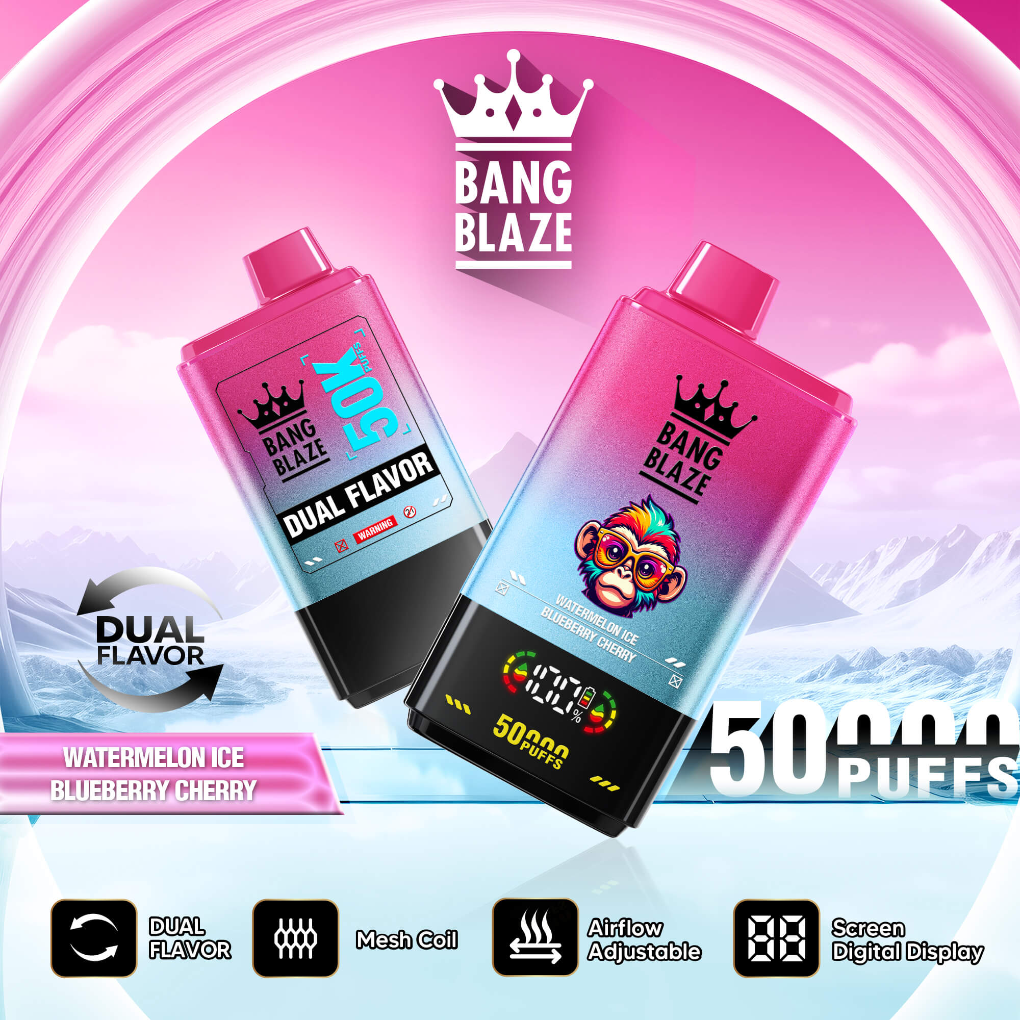 Bang Blaze dual-flavor vape device packaging with Watermelon Ice and Blueberry Cherry text on a pink ice background