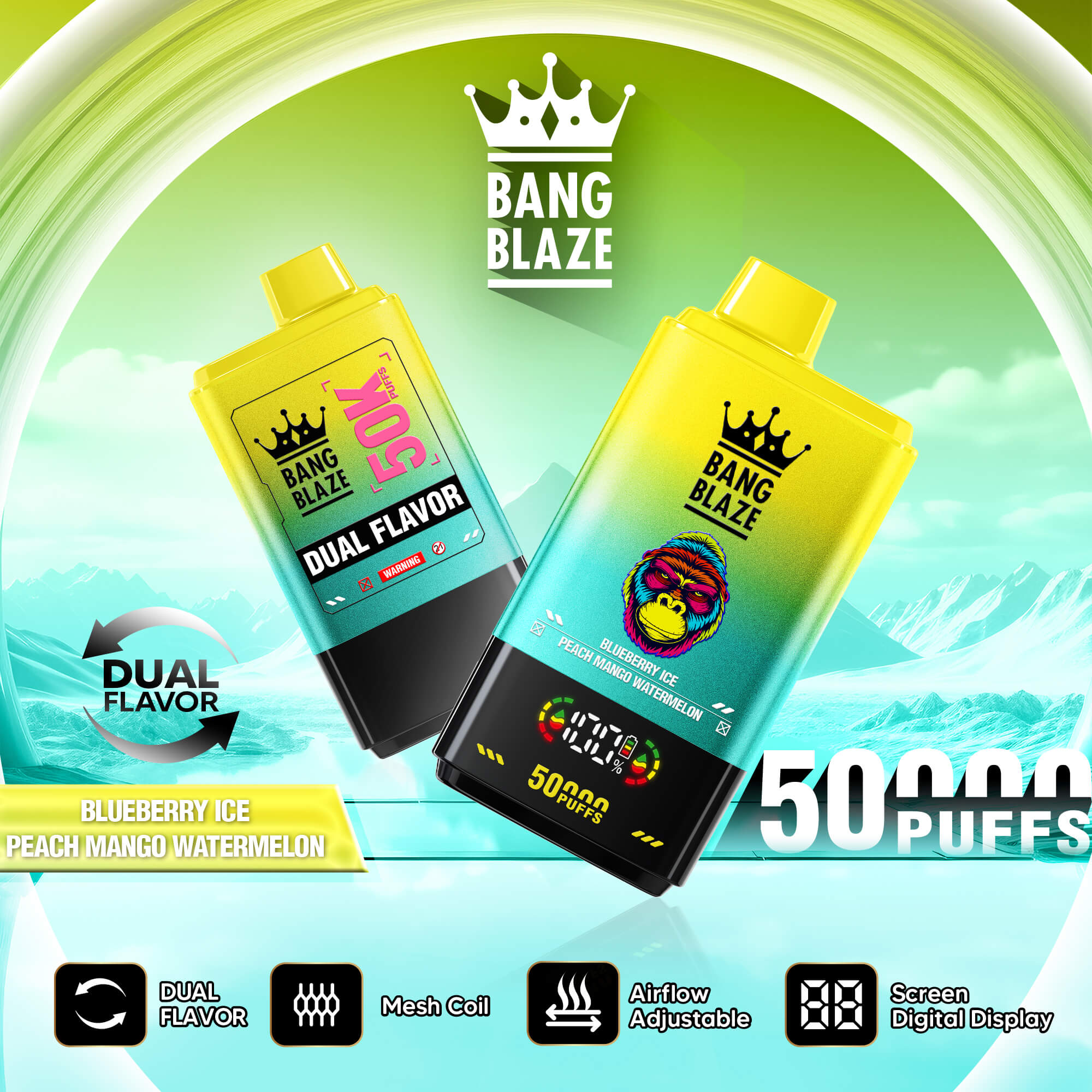 Two yellow vape pods on a green banner reading Bang Blaze, with Dual Flavor and 5000 puffs text
