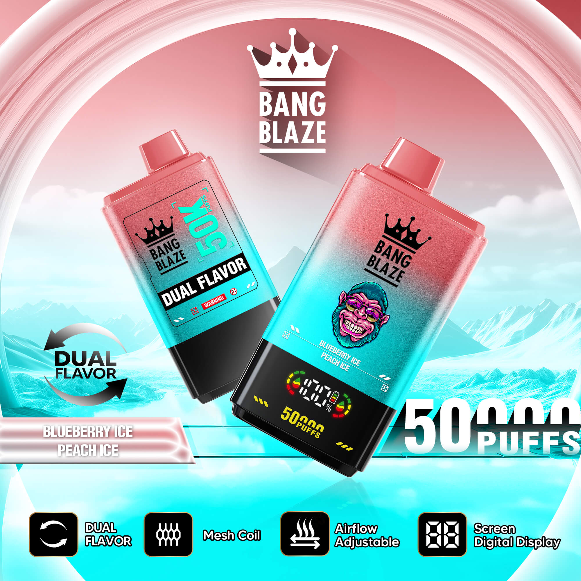 Two vape pods with crown logo reading “BANG BLAZE,” flavor “Dual Flavor,” and “50 Puffs” text on a blue icy background