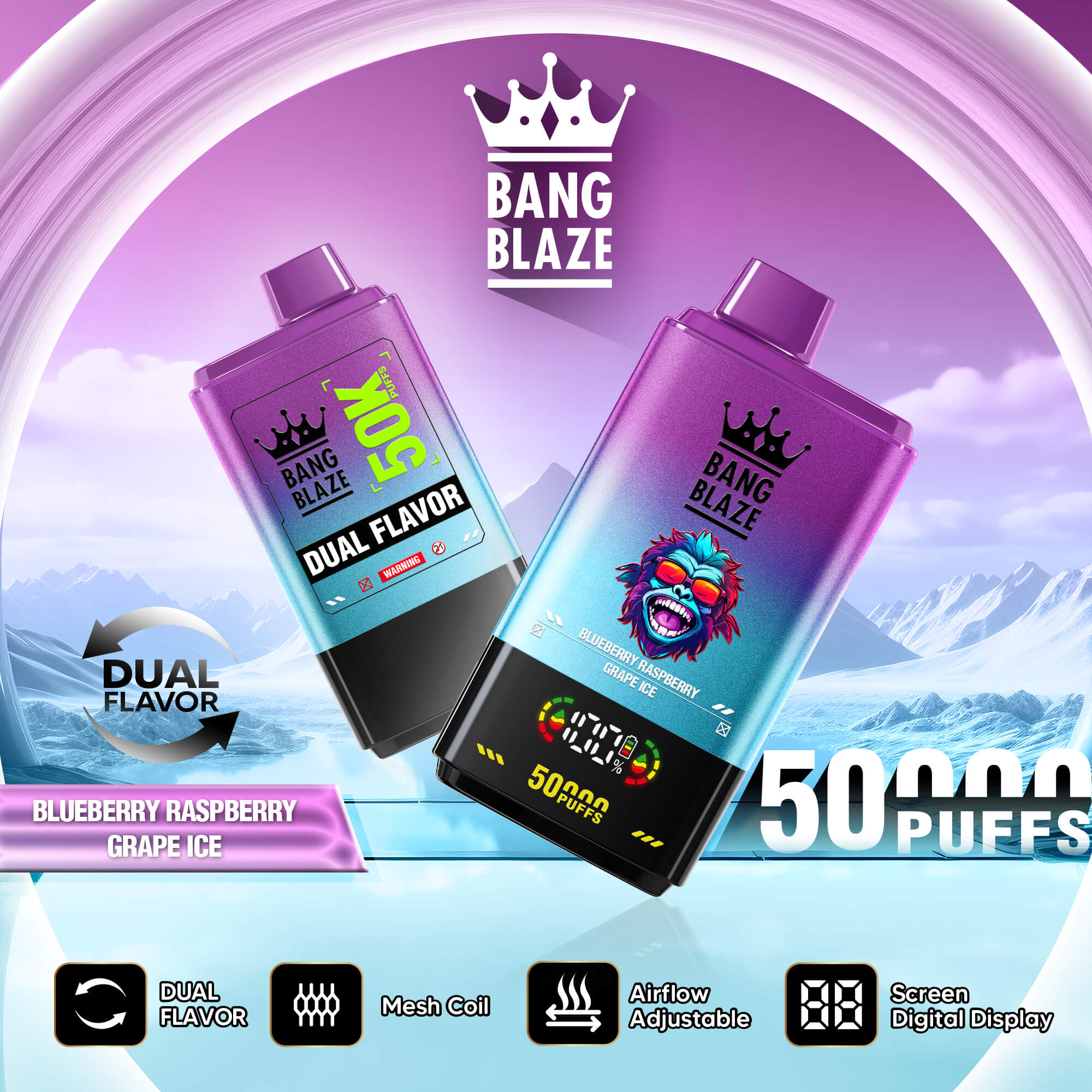 Two purple vape devices labeled Bang Blaze Dual Flavor in a snowy mountain promo graphic, 500 puffs