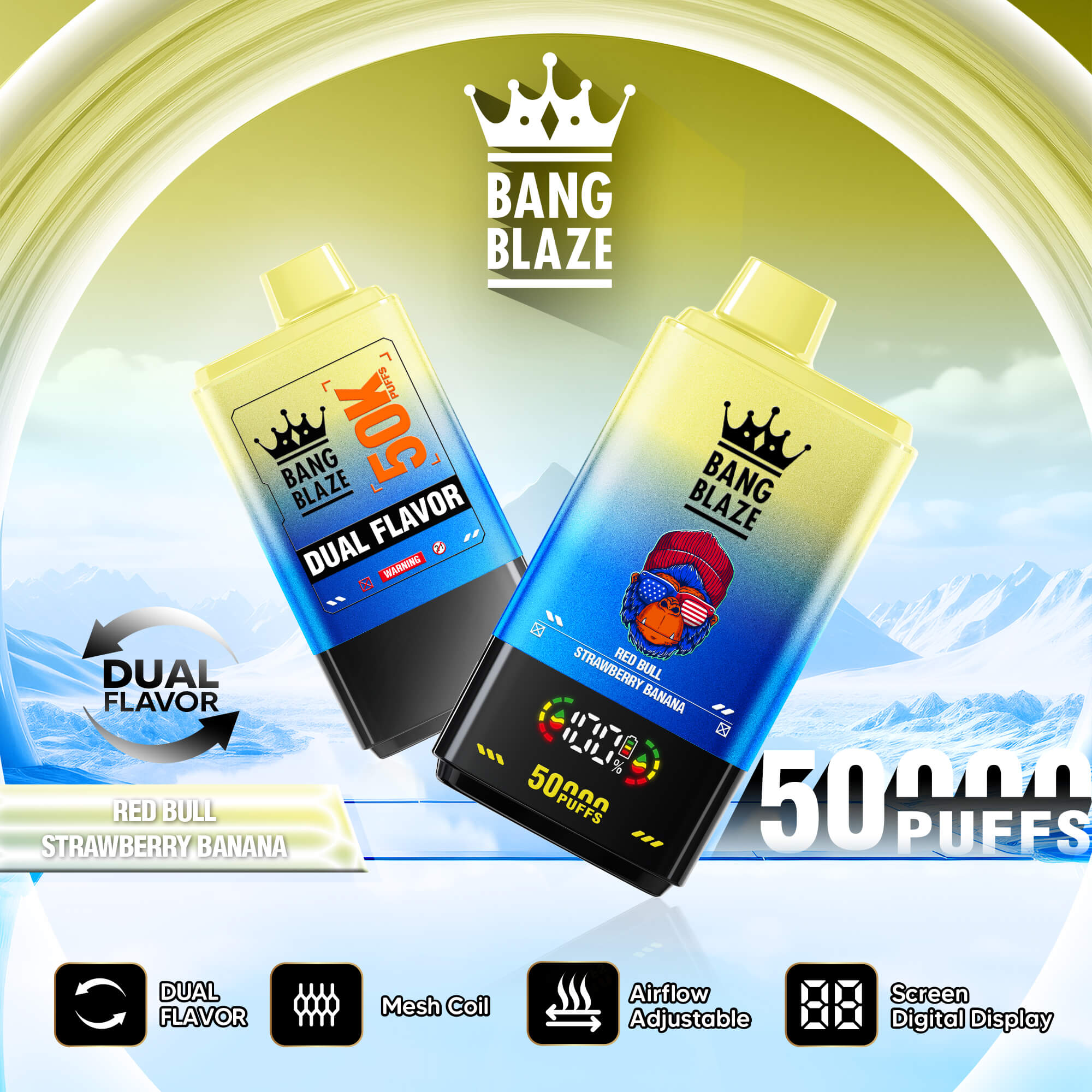 Bang Blaze Dual Flavor vape cartridges, Red Bull and Strawberry Banana flavors, with crown logo and “500 puffs” text