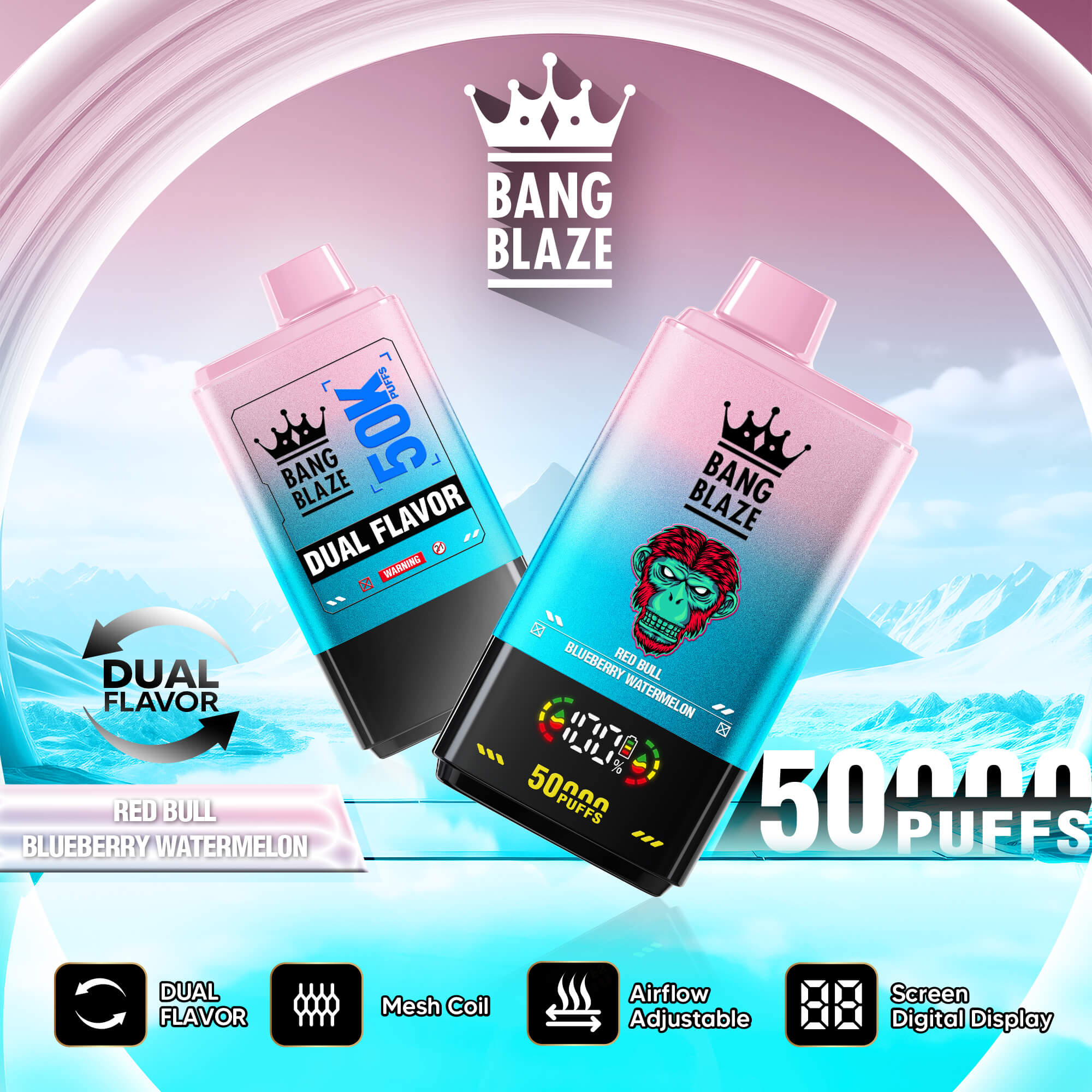 Two pink-and-blue vape devices with Bang Blaze branding, “Dual Flavor,” and “500 puffs” text over a mountain background