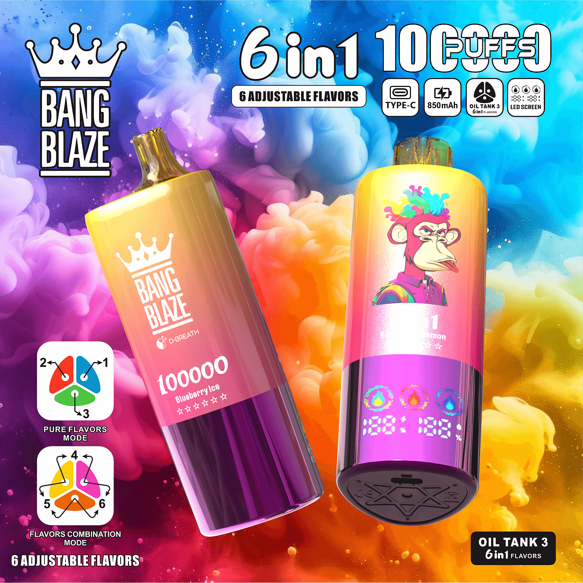 BANG BLAZE 6in1フレーバー 100000puff 切り替え式 Bang Blaze 100K パフ 6in1 Vape – 60ML トリプルオイルタンク 6