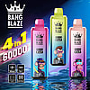 Three colorful Bang Blaze 4-in-1 60000 disposable vape devices with cartoon monkey designs on a blue cosmic background over water reflection, highlighting 650mAh battery, Type-C charging, 1.0 ohm resistance, and digital display features.
