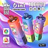 Tre colorati dispositivi di svapo usa e getta Bang Blaze 6 in 1 raffiguranti personaggi di scimmie dei cartoni animati, su uno sfondo sfumato viola e blu con testo che descrive in dettaglio 6 aromi regolabili, 10 tiri, ricarica Type-C, batteria da 850 mAh, serbatoio dell'olio con 3 aromi e schermo LED.