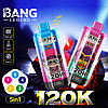 Two colorful Bang Legend 5in1 120K vape devices with cartoon ape designs, one blue with a pink hat ape and the other pink with purple ape wearing sunglasses, set against fiery glowing coals, highlighting features like mesh coil, 50ml capacity, and Type-C charging.