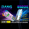 Two Bang Legend 3-in-1 disposable vapes with cartoon monkey designs, highlighting 85,000 puffs, mesh coil type, e-liquid and battery indicator, and Type-C USB charging, with 3 adjustable flavors indicated by colorful arrows.