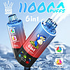 Two colorful disposable vaping devices floating above ice, featuring a blue-to-red gradient and an illustrated stern monkey, advertising 11000 puffs, 6-in-1 flavors with adjustable modes and flavor combination options.