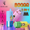 Three colorful Bang De disposable vape devices with cartoon monkey graphics, highlighting features like 8000 puffs, 3-in-1 flavour, 650 mAh battery, 20 mL volume, Type-C charging, and an e-liquid display, set against a vibrant gradient background.