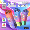 Trois appareils de vapotage jetables 6 en 1 Bang Blaze colorés représentant des personnages de singes de dessins animés, sur un fond dégradé violet et bleu vibrant avec un texte détaillant 6 saveurs réglables, 10 bouffées, une charge de type C, une batterie de 850 mAh, un réservoir d'huile avec 3 saveurs et un écran LED.