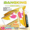 Two portable vaping devices with white, pink, and yellow designs labeled 'BANGKING ice cool', highlighting 50,000 puffs capacity, 25 ml e-liquid, 850 mAh rechargeable battery, Type C charging, 5 levels of adjustable coolness, and availability in 12 flavors.