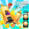 Vape mod with orange-yellow body, digital display, labeled Bang Box, surrounded by splash yellow liquid and strawberries; features 20000 puff capacity and eight adjustable flavors.