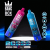Two colorful Bang Box mesh coil vape bottles (pink and blue) with bold logos, dragon artwork, and a promotional 850mAh Type-C label against a black background.