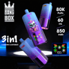Three purple gradient Bang Box 3-in-1 vape pens with decorative skull artwork, displaying 80K puffs, 60 mL, 850 mAh, and an E-liquid display.