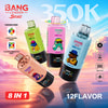 colorful Bang energy bottles in pastel sunset background, four 8-in-1 flavor bottles floating, large “350K” text, 12 flavors label, icons on left and bottom, bold red “8 IN 1” badge.