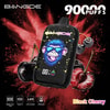 Black vaping device with blue laughing face graphic amid red smoke and cherry-themed fireworks, 90 Puffs text visible