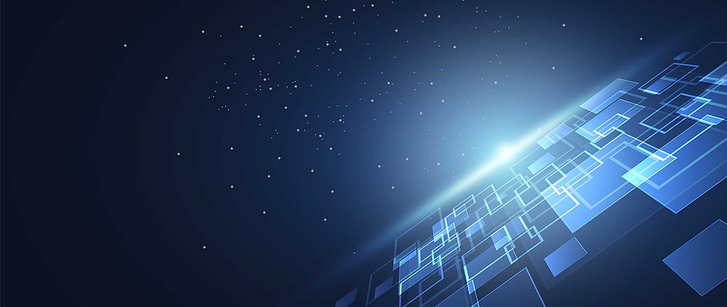 Sfondo digitale astratto con quadrati blu trasparenti sovrapposti e un bagliore di luce brillante su uno sfondo sfumato blu scuro disseminato di piccoli punti luminosi