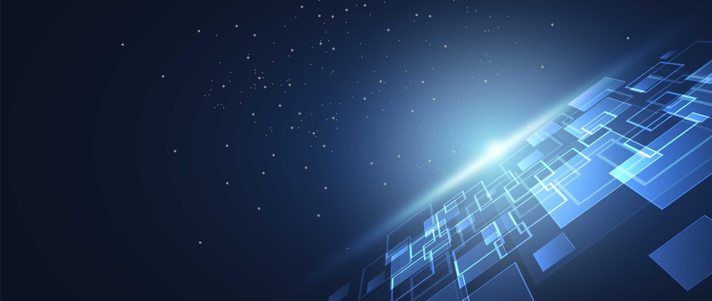 Abstract digital background with overlapping transparent blue squares and a bright light flare on a dark blue gradient background scattered with small light dots