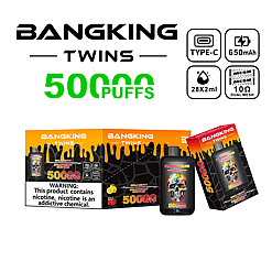 BANGKING TWINS vaping product packaging and logo showing 5000 puffs, features include Type-C charging, 650mAh battery, 28x2ml e-liquid capacity, and 1.0Ω dual mesh coil, with black boxes and bottles featuring a colorful skull design and a nicotine warning label.