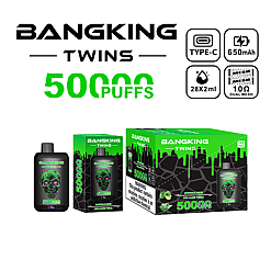 Bangking Twins disposable vape packaging and device featuring a black and green design with a skull image, highlights 50,000 puffs, type-C charging, 650mAh battery, 28x2ml e-liquid capacity, and 1.0 ohm dual mesh coils with 3% aloe vera.